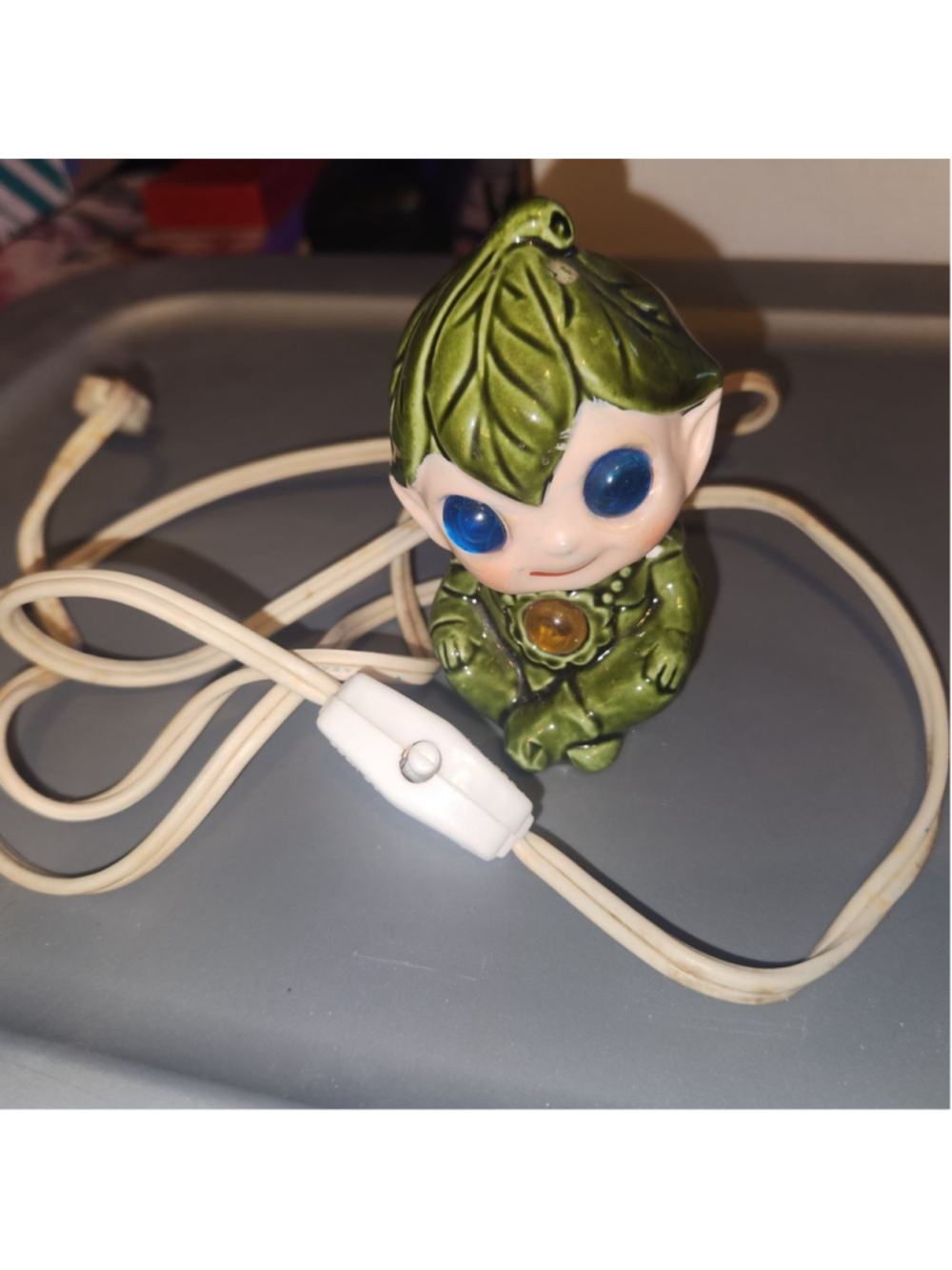Ceramic Pixie Elf Night Light Green Leafy Figure Lamp MCM